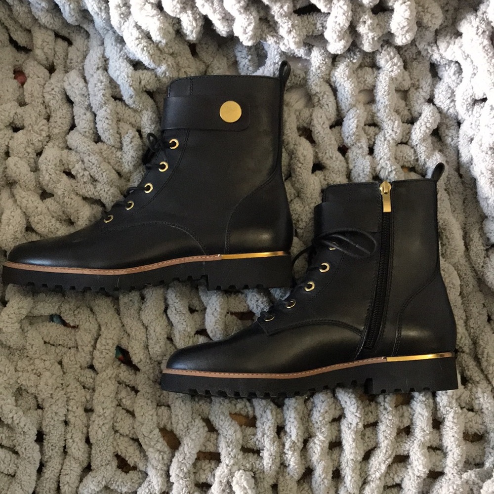 NWOT FRANCO SARTO Black Side Zip Combat Boots w/ Gold Accents  Size 9.5